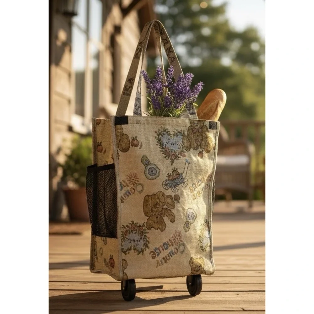 VTG 80s ISAKA Tapestry Country Bear Shopping Bag Tote on Wheels Cottagecore Twee